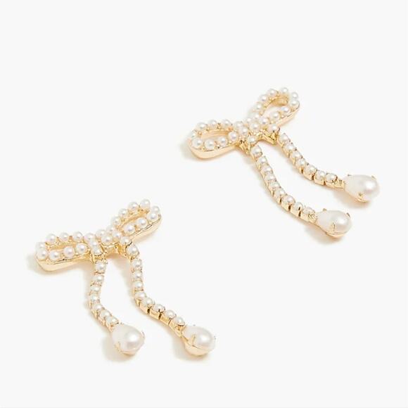 NEW J. Crew gold and White Pearl Bow Dangly Statement Earrings - Picture 1 of 7